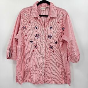 Quizz‎ Red White Striped Star Button Down Shirt Tunic Patriotic Top Plus Size 18